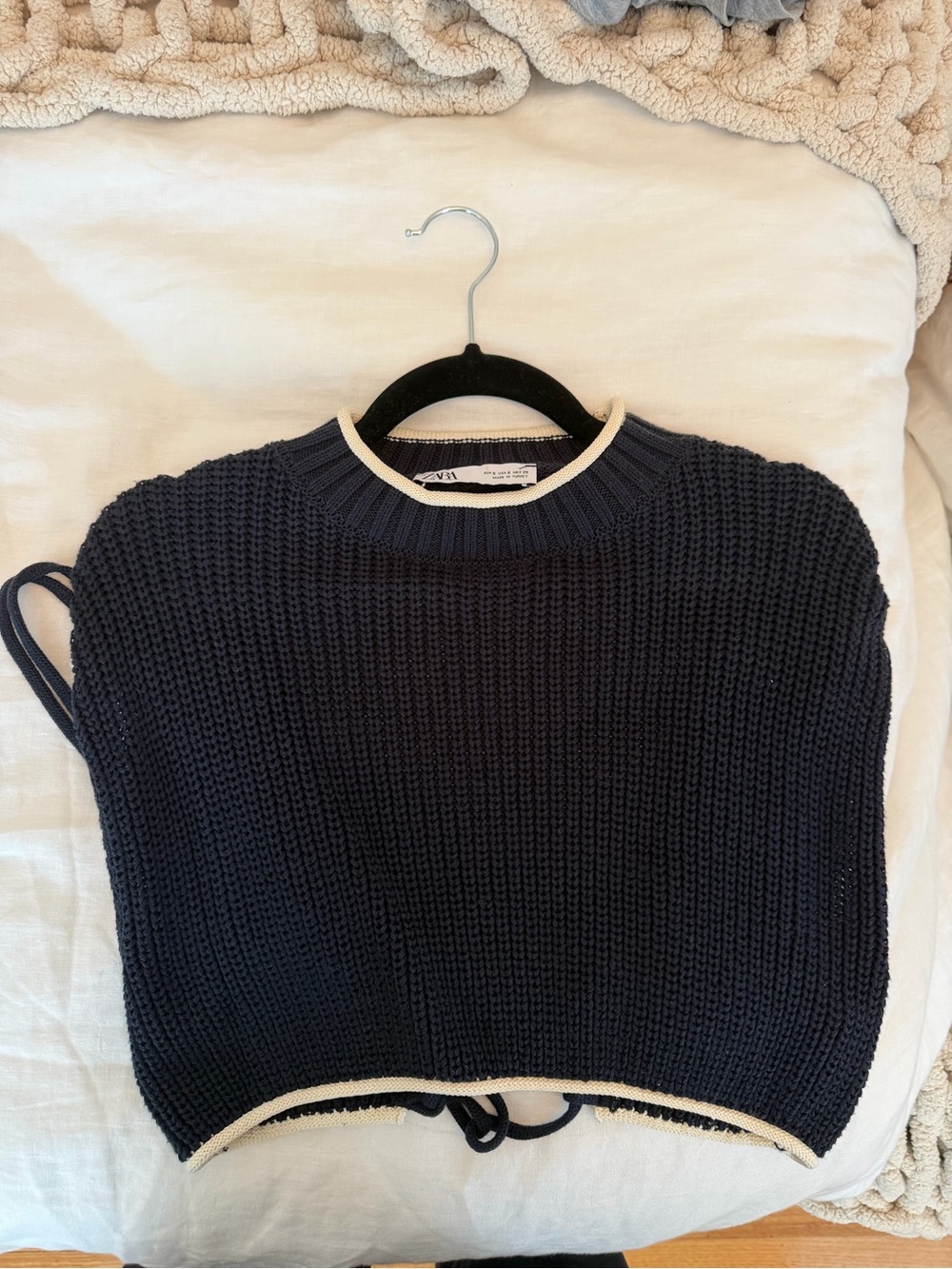 Zara Navy Knit Crew Sweater with Cream Trim